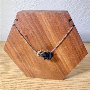 Black Rose Silver Necklace with Rhinestone Leaves